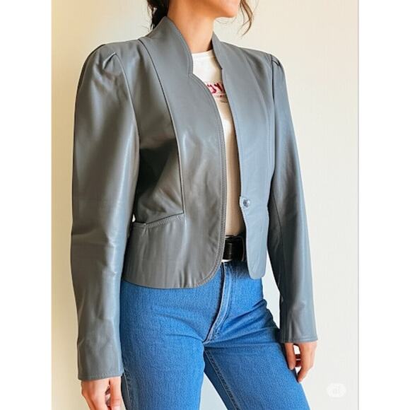 Vintage Foxmoor Women's Leather Blazer Jacket Gray Fitted Sz 7 Retro 80s - Picture 2 of 8